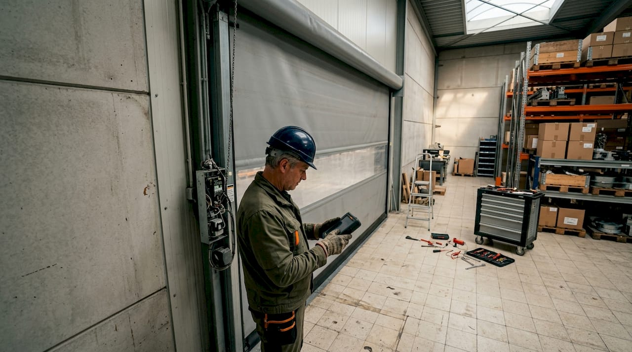 Il tecnico effettua il controllo della porta rapida nel magazzino.