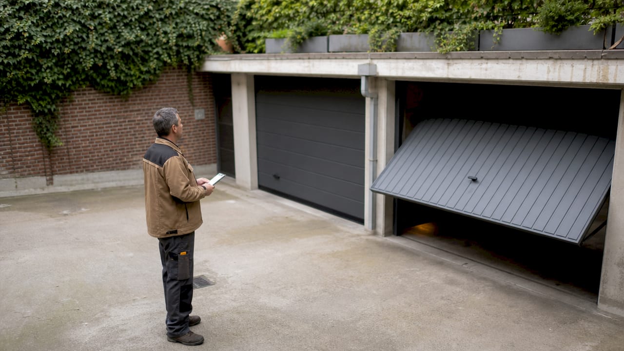 Un tecnico controlla le porte garage sezionali e basculanti per verificarne il corretto funzionamento e la sicurezza.