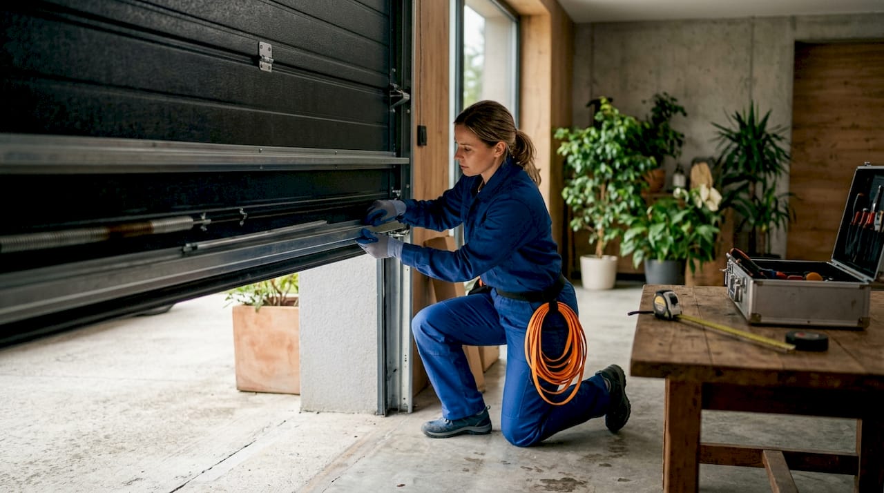 Tecnico al lavoro sulla regolazione dei binari di una porta basculante da garage all'interno di un edificio