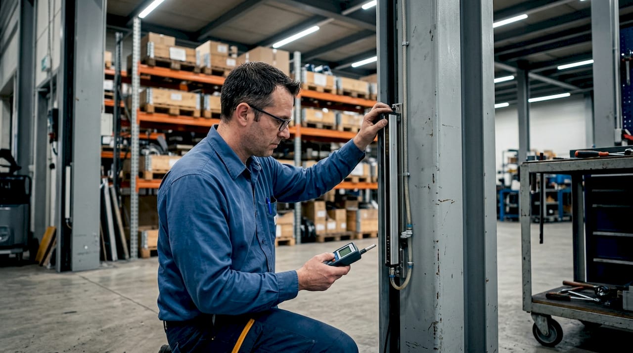 Un tecnico sta montando una barriera fotoelettrica su una porta industriale.