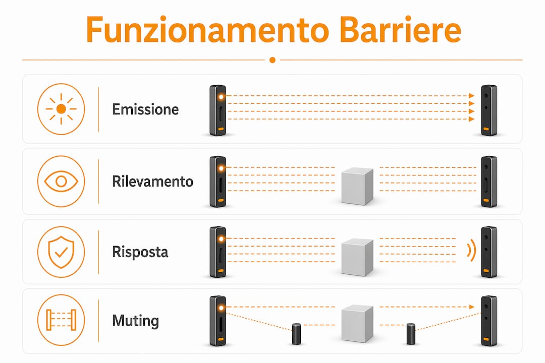 Schema verticale che illustra in modo chiaro e dettagliato come funzionano le barriere fotoelettriche automatiche