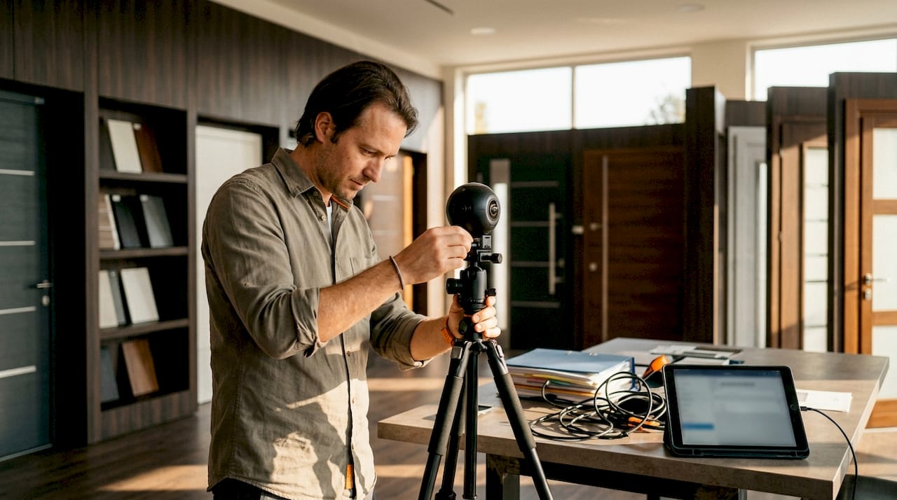 Mani al lavoro sulla regolazione di una videocamera VR a 360 gradi durante un workshop in showroom
