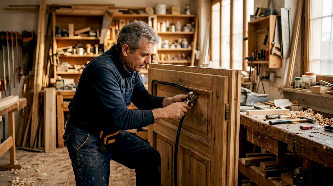 Un professionista sta applicando una guarnizione su una porta in legno per migliorarne isolamento e funzionalità.