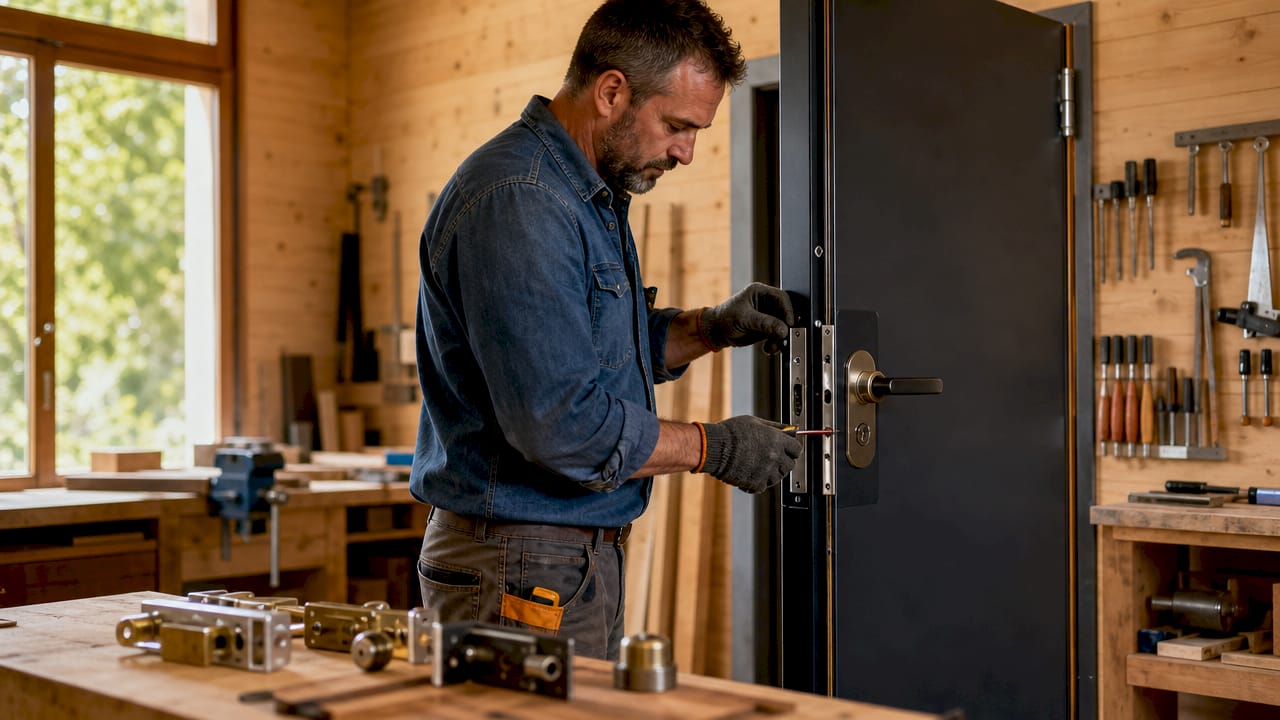 Le mani esperte di un fabbro all’opera mentre monta una serratura di sicurezza