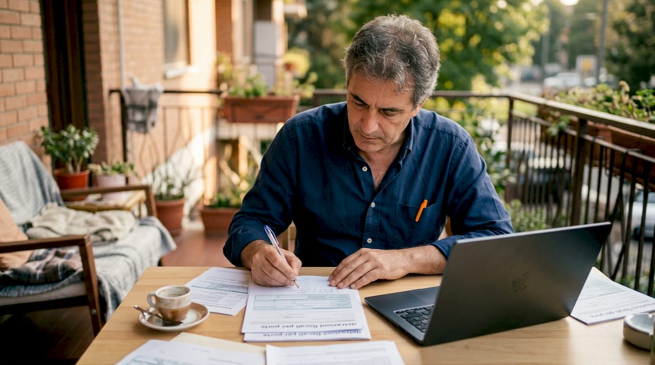 Persona che controlla le proprie carte fiscali comodamente a casa
