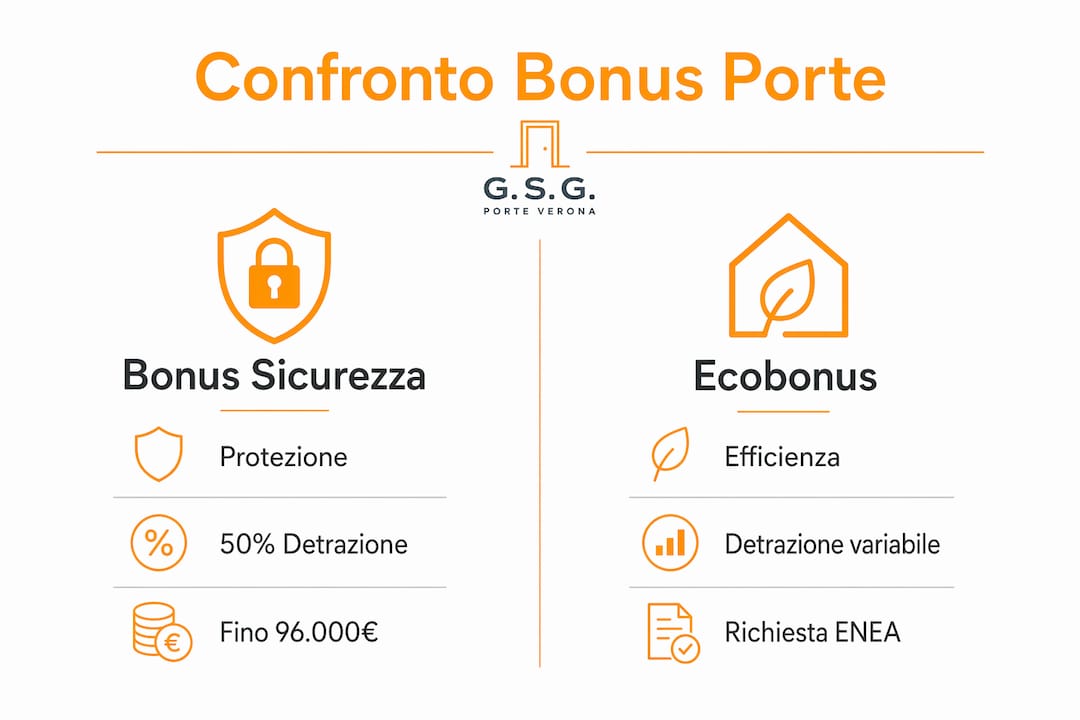 Infografica che mette a confronto le agevolazioni Bonus Sicurezza e Ecobonus per l’acquisto di porte: scopri vantaggi, requisiti e differenze per scegliere il bonus più adatto alle tue esigenze.