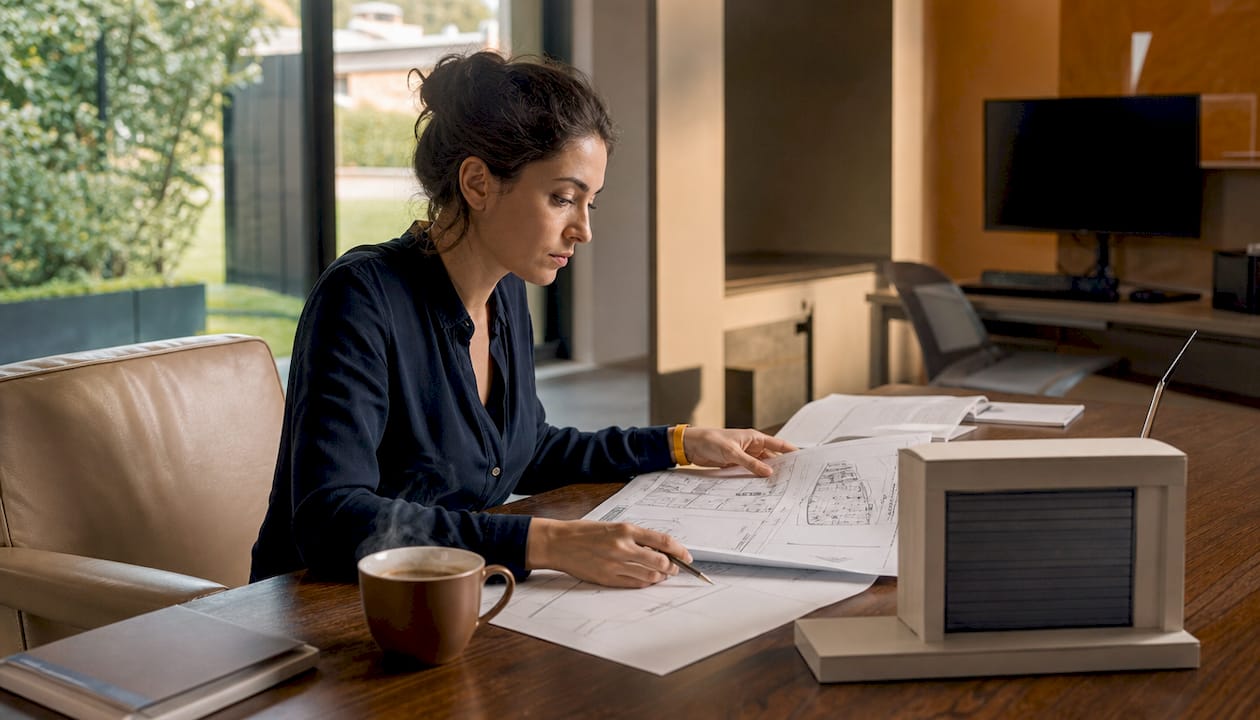 Architetta che analizza i progetti per un portone sezionale