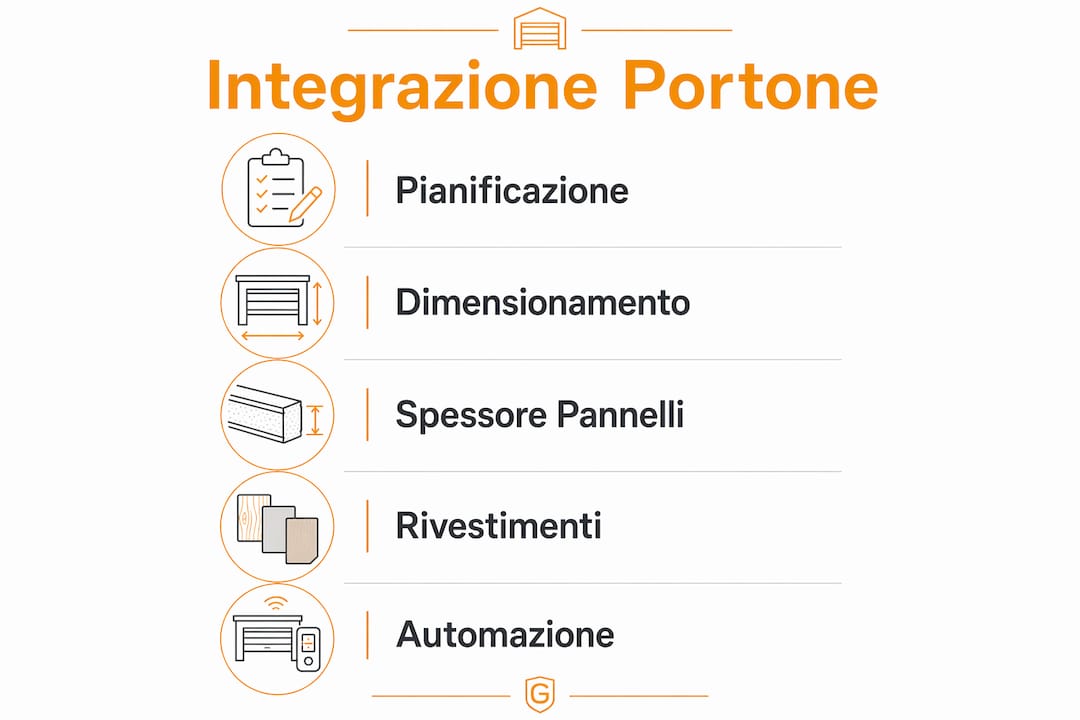 Infografica che illustra passo dopo passo il processo di installazione e integrazione di un portone sezionale