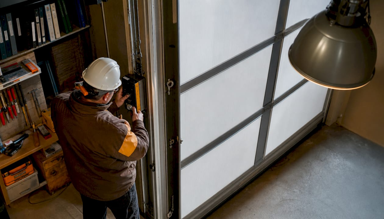 Un tecnico sta verificando il pannello di controllo di una porta rapida all'interno di un edificio.
