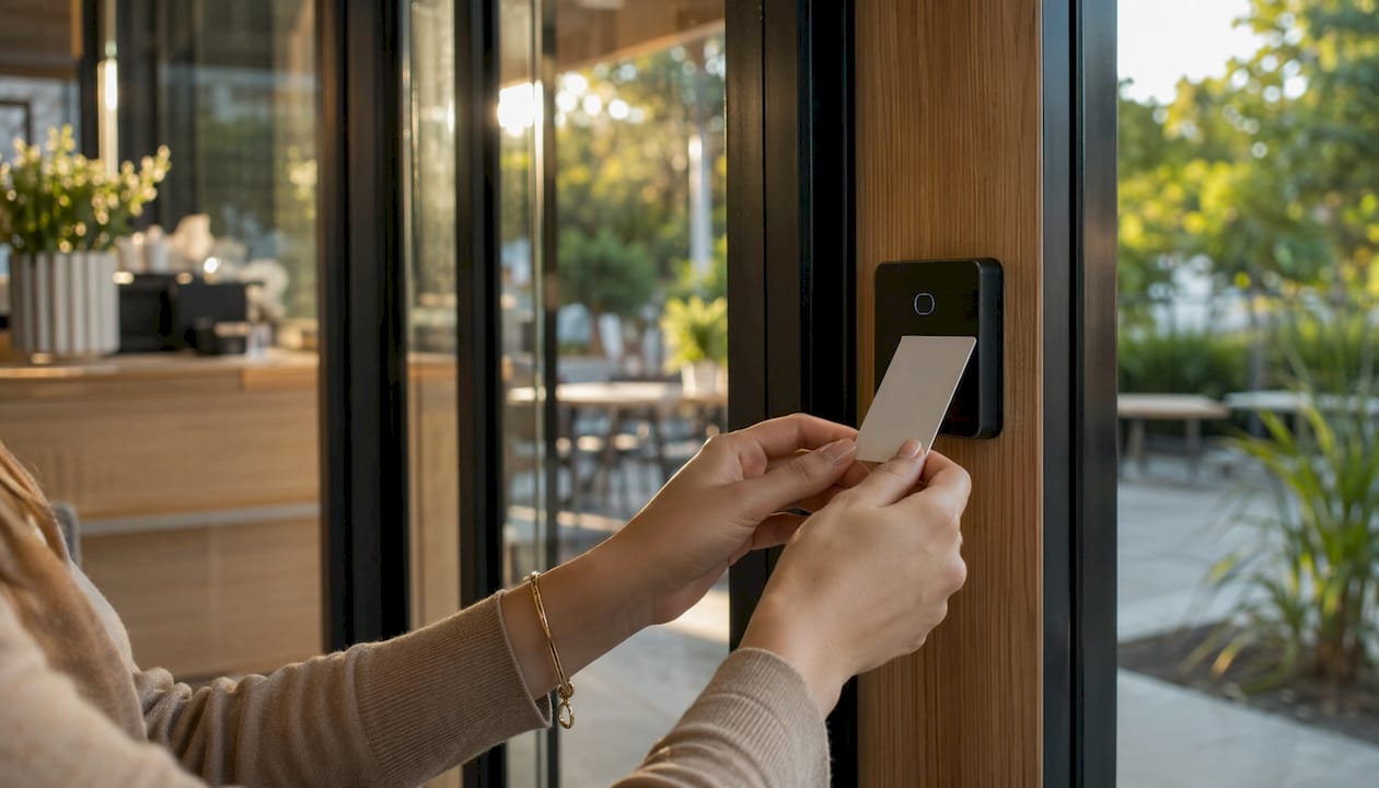 Una persona avvicina il badge RFID alla porta automatica per entrare.