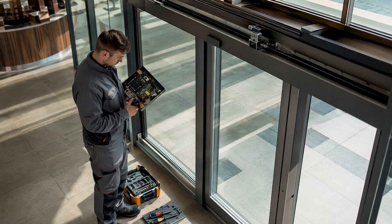 Tecnico all’opera sul sistema automatico di porte scorrevoli in vetro