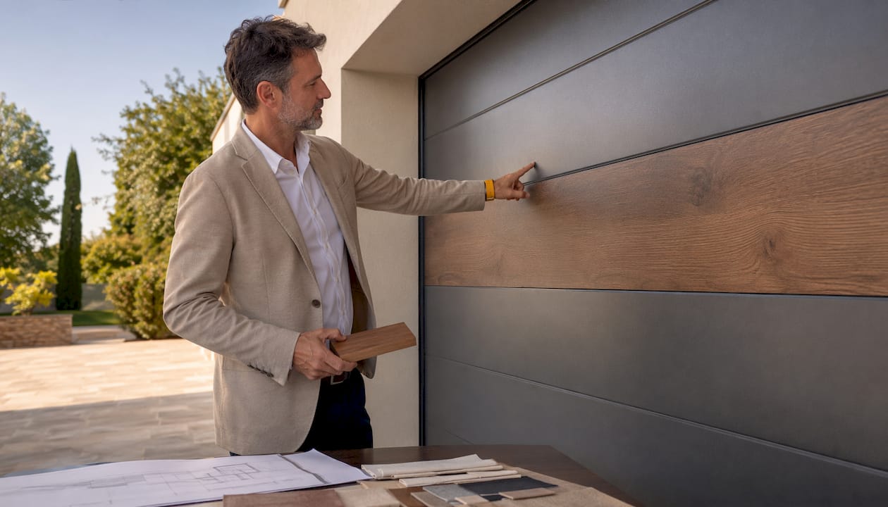 L’architetto esamina il progetto su misura della porta del garage