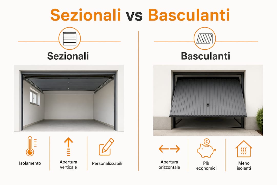 Infografica: differenze e vantaggi tra portoni sezionali e portoni basculanti