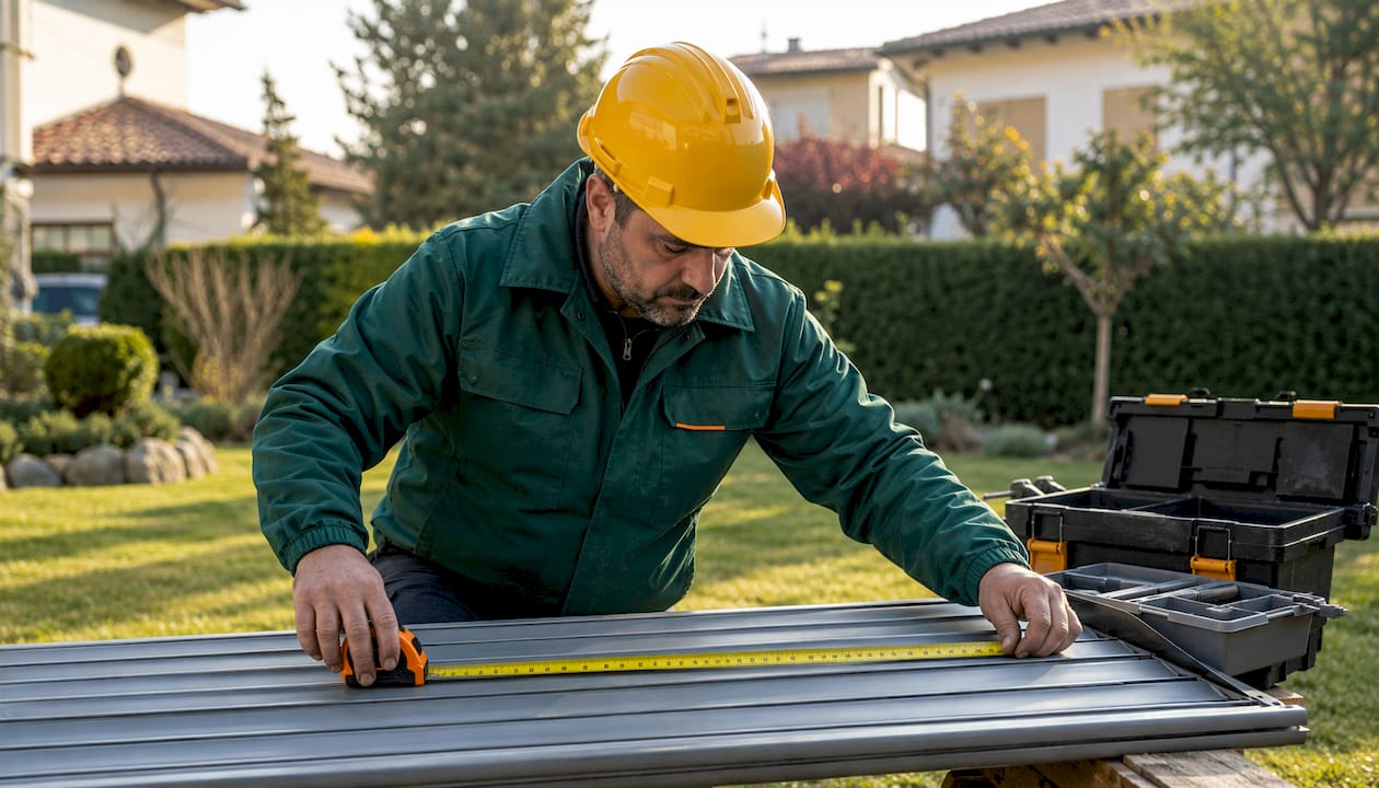 Un tecnico specializzato sta montando una serranda in una delle città del Nord Italia.