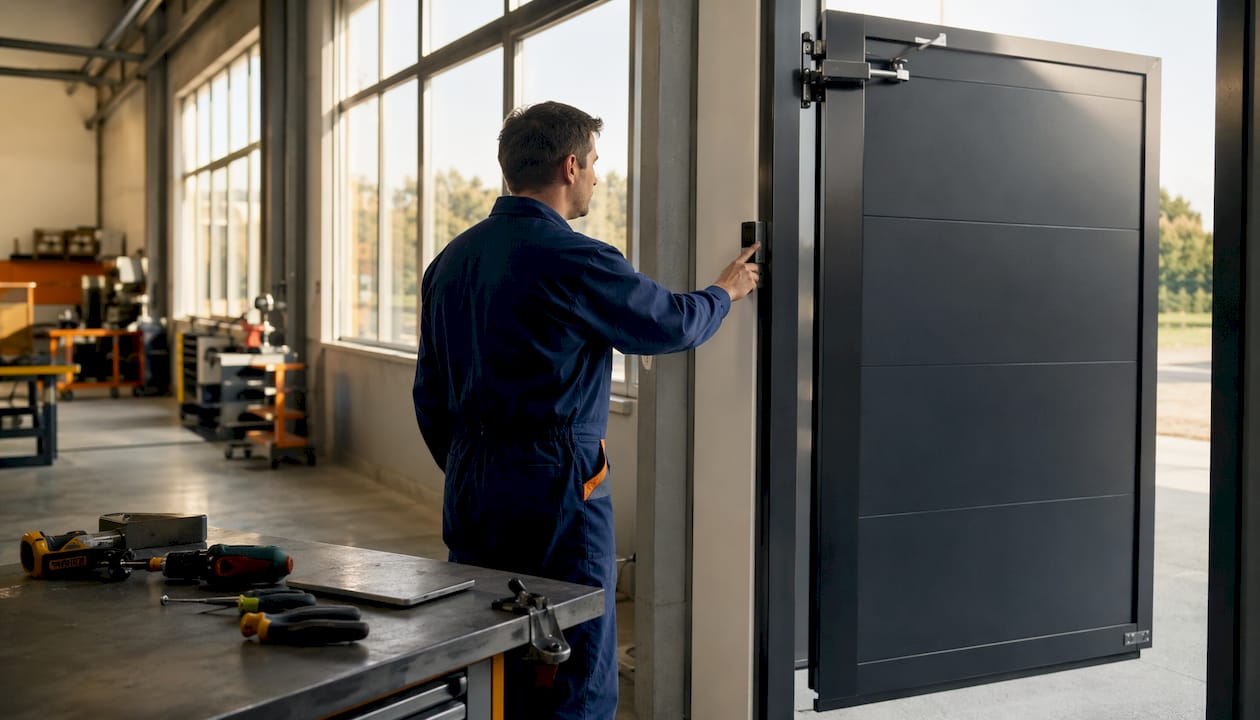 Un tecnico sta verificando il corretto funzionamento di una porta automatica in un ambiente industriale.