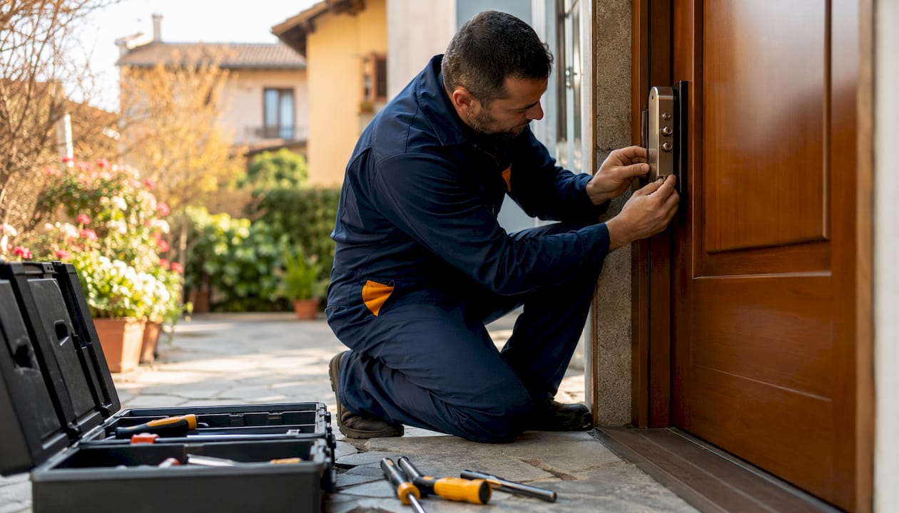 Montaggio della nuova serratura sulla porta d’ingresso a cura di un tecnico specializzato.