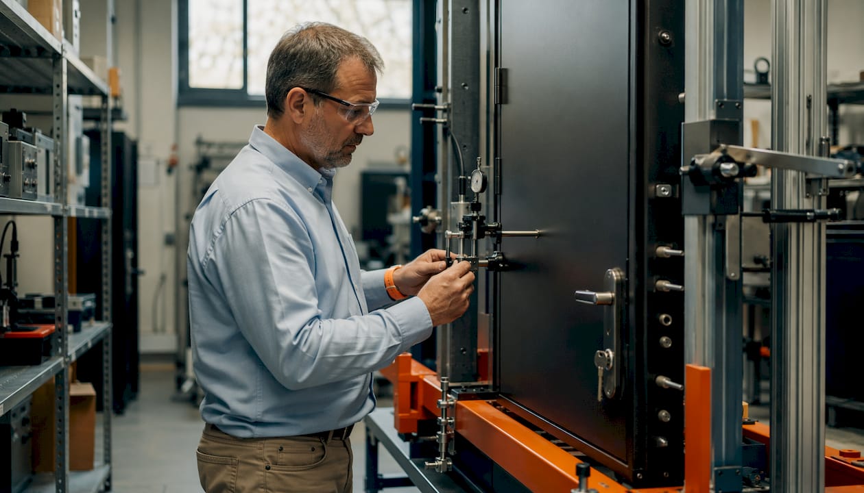 Un tecnico sta effettuando prove di laboratorio su una porta blindata.