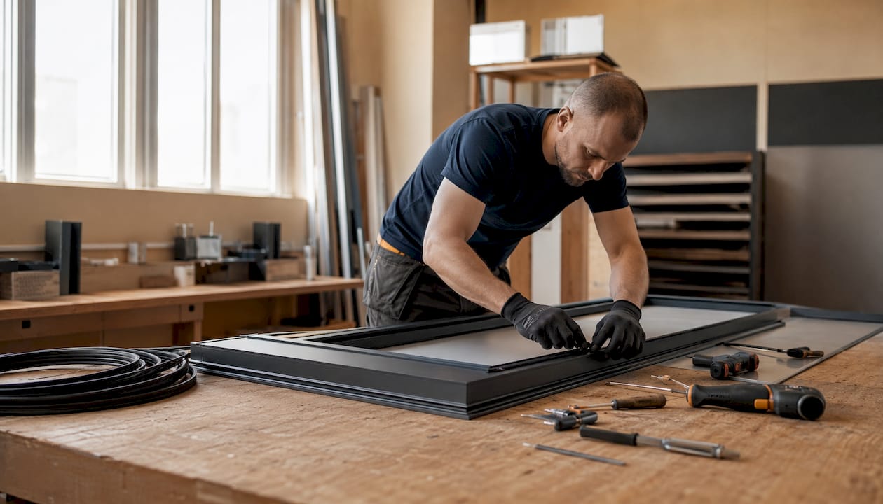 Applicazione manuale di una guarnizione in EPDM su una porta
