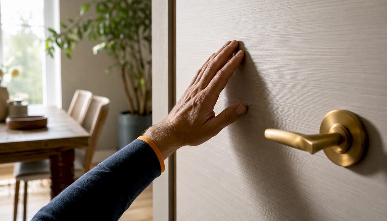 La mano sfiora la superficie solida della porta laminata.