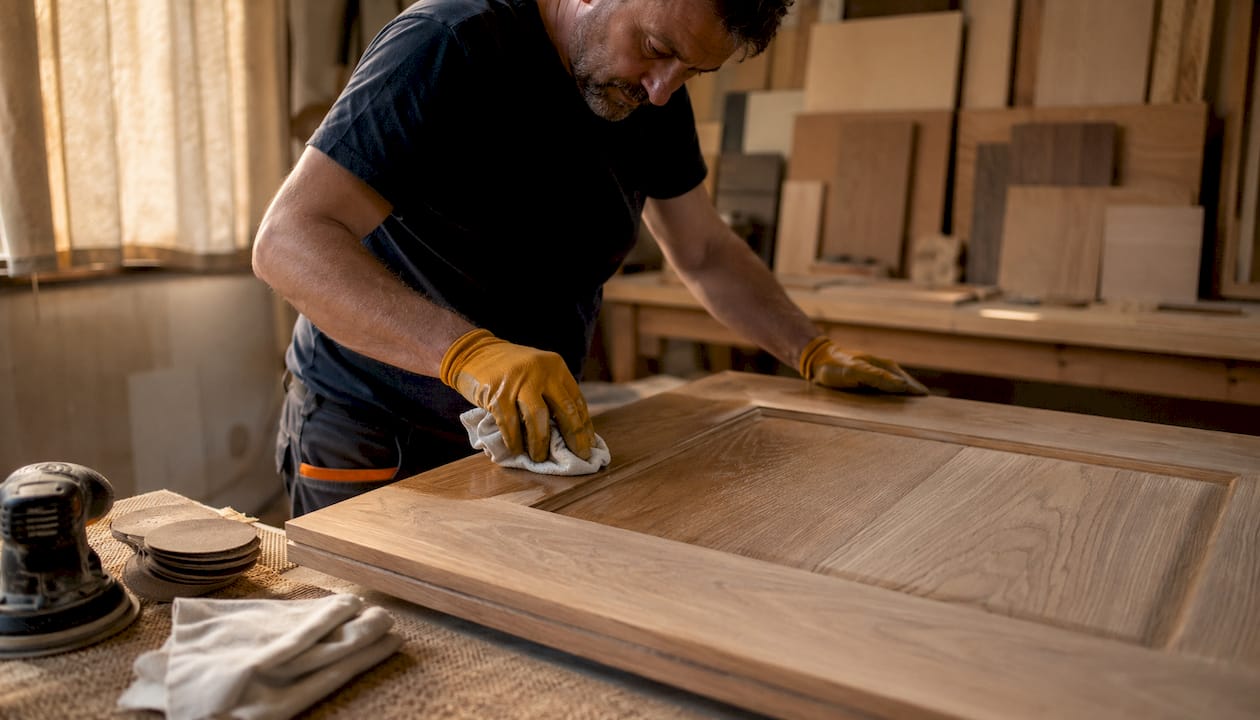Un artigiano rifinisce una porta in legno con cura e maestria.