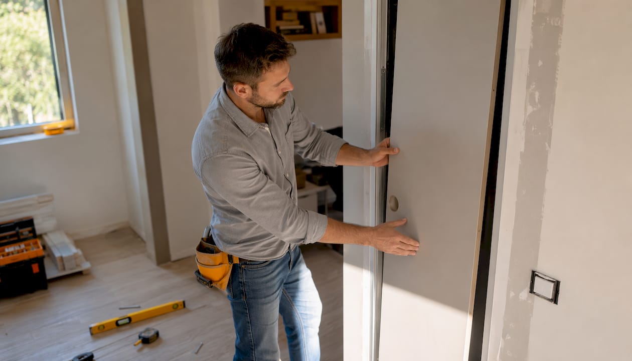 L’esperto sta montando una porta scorrevole a scomparsa
