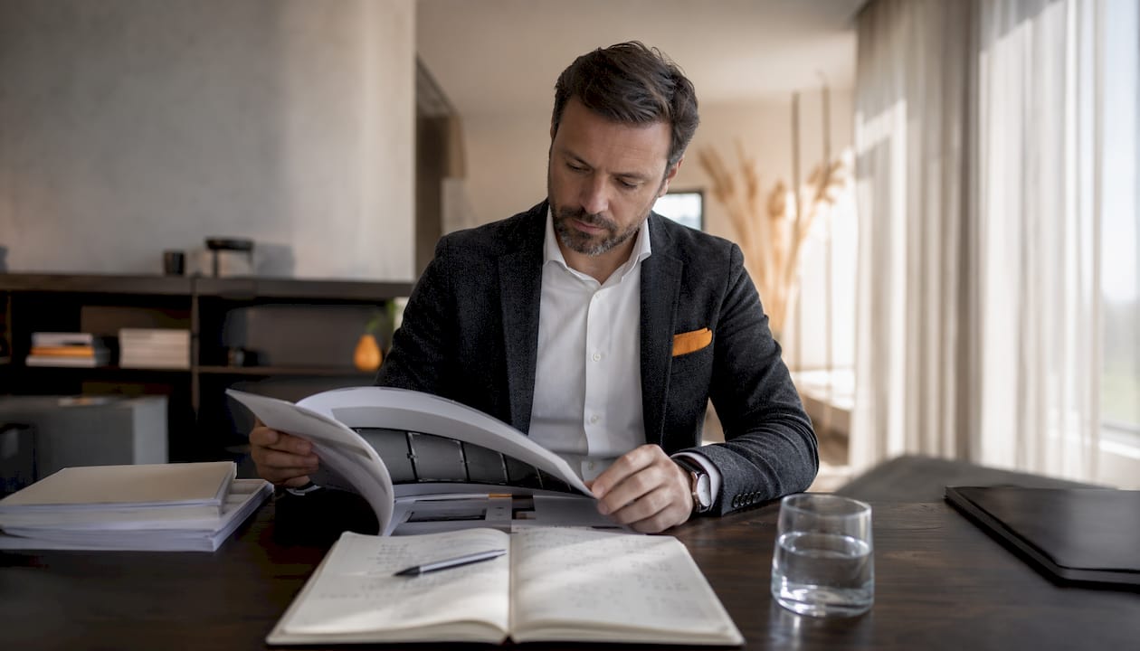 Uomo che sfoglia comodamente a casa i cataloghi delle porte sezionali, valutando le diverse soluzioni per scegliere quella più adatta alle proprie esigenze.