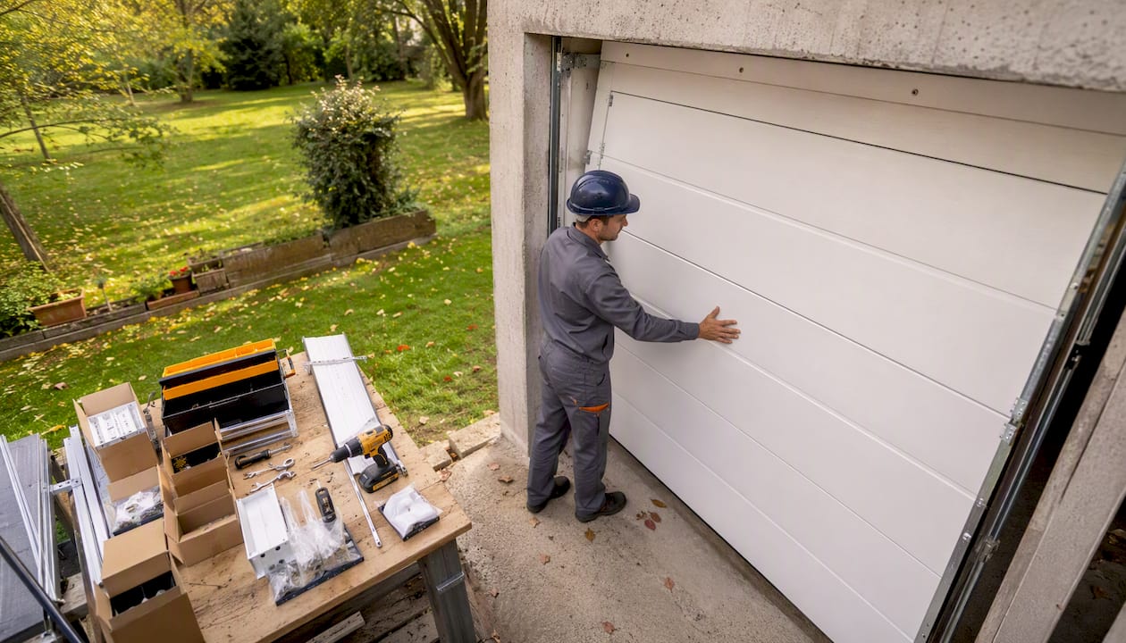 Un tecnico si occupa del montaggio di una porta sezionale per garage.