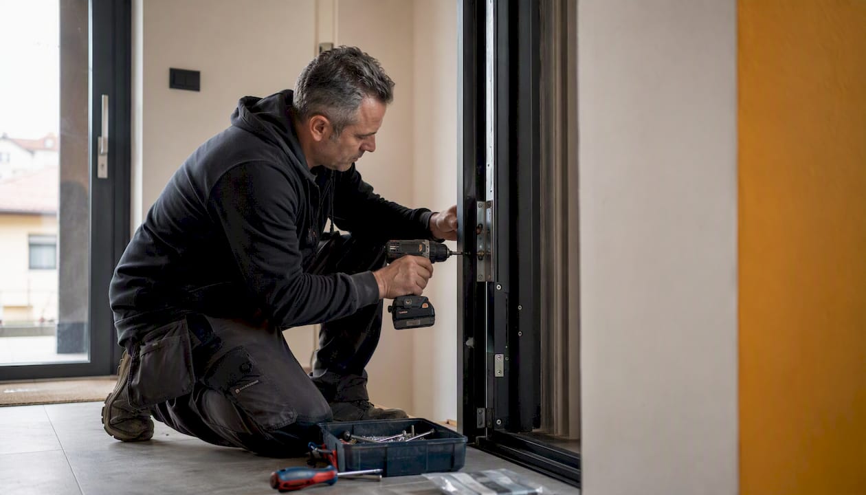 Tecnico specializzato alle prese con il montaggio di una porta blindata