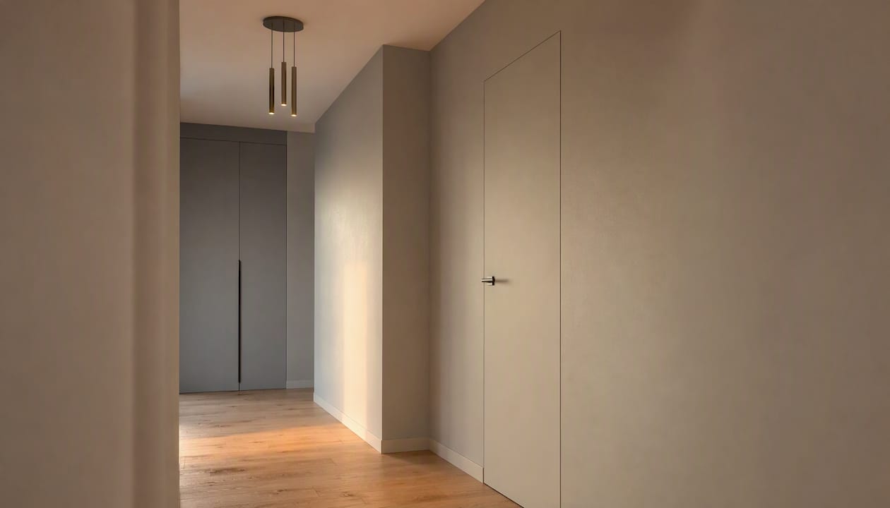 Una porta filo muro che valorizza e amplia visivamente il corridoio stretto.
