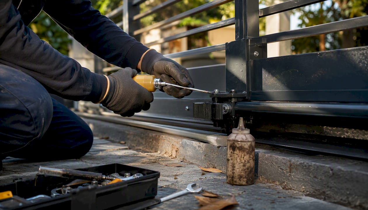 Mani di un tecnico al lavoro sulla manutenzione di porte automatiche