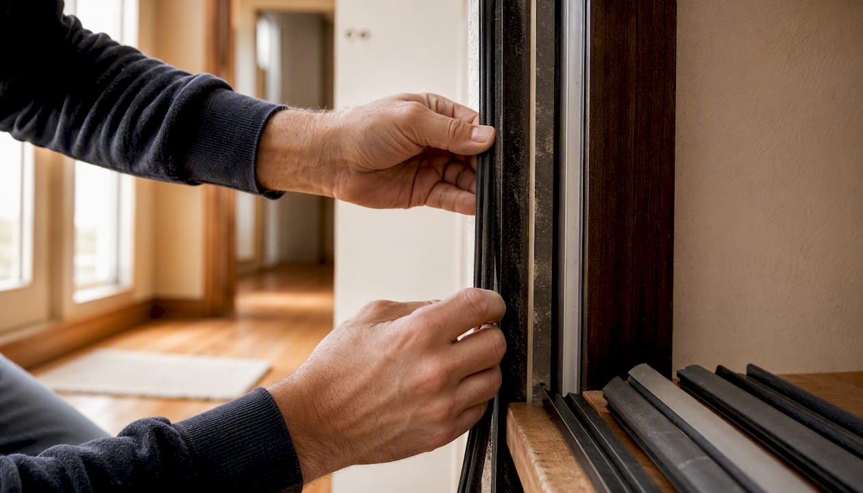 Una mano applica la guarnizione sulla porta