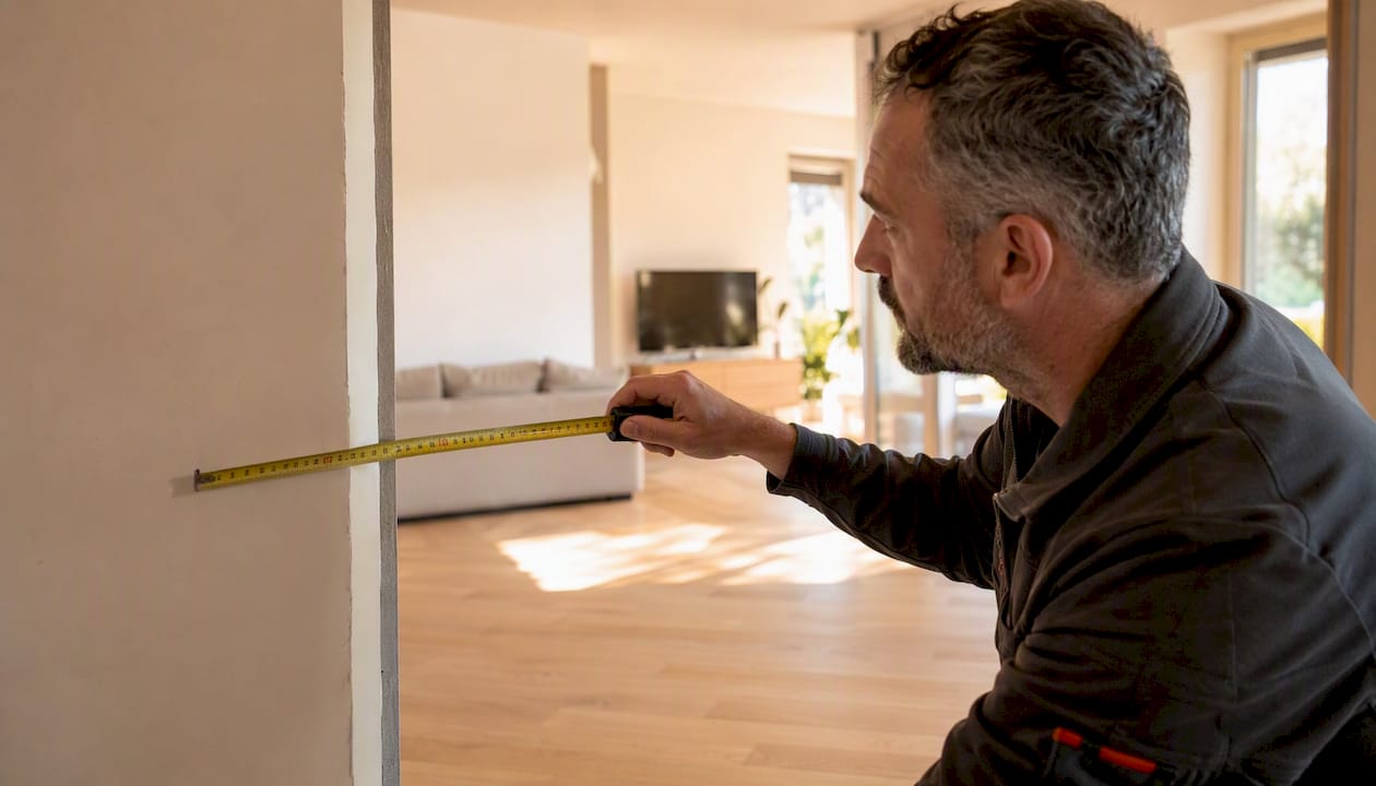 Un artigiano prende le misure del vano porta per realizzare una porta su misura.