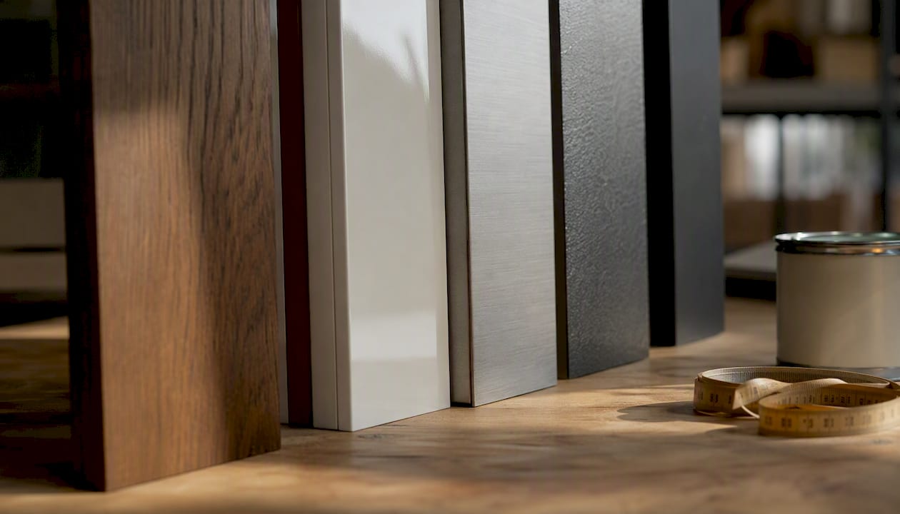 Dettaglio ravvicinato delle diverse finiture e texture dei materiali per porte