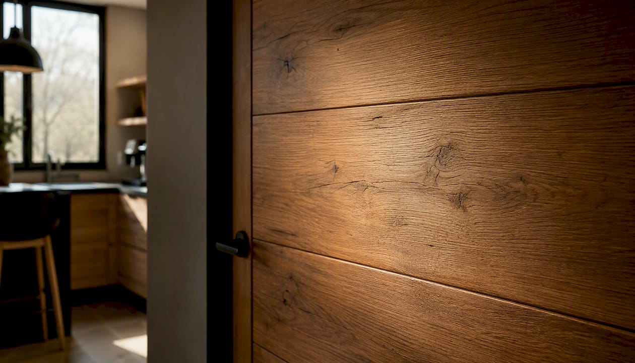 Dettaglio ravvicinato della superficie di una porta in legno, che mette in risalto la sua particolare trama.