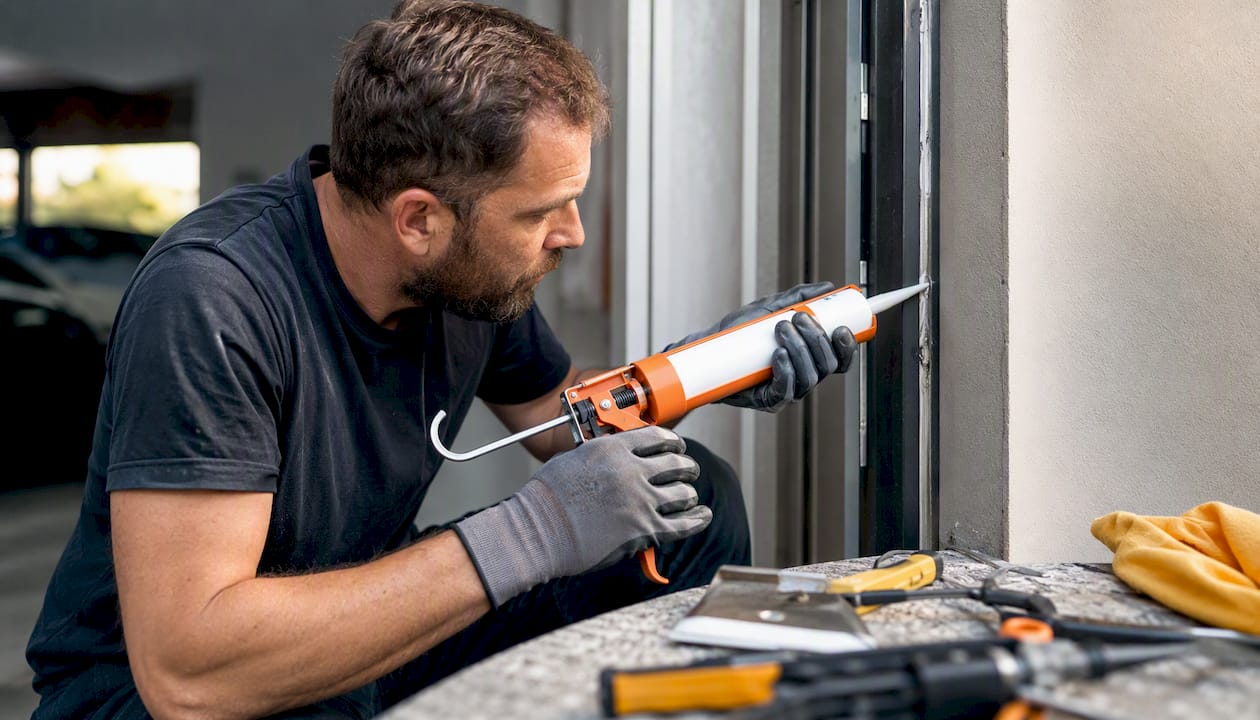 Un tecnico sta applicando la sigillatura lungo il perimetro del telaio della porta.