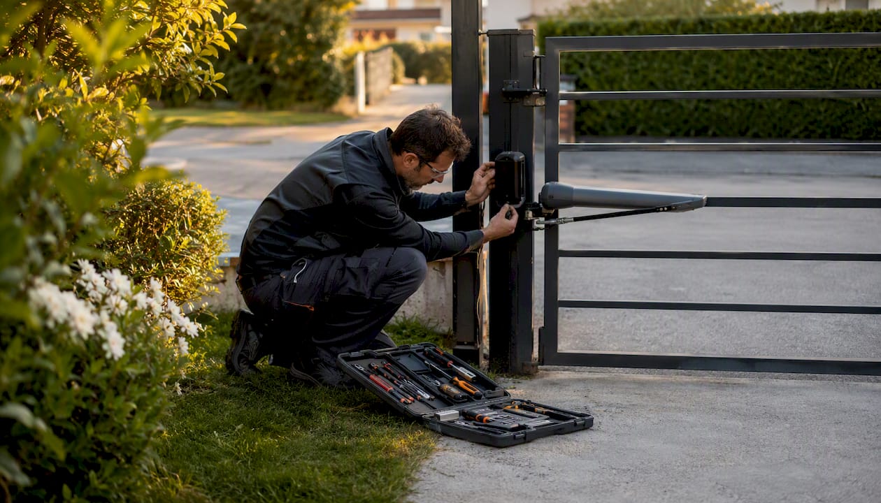Un tecnico controlla il sensore di sicurezza di un cancello automatico.