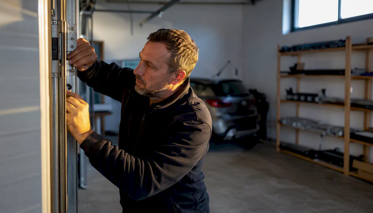 Un tecnico sta regolando il telaio della porta sezionale del garage, assicurandosi che tutto funzioni perfettamente.