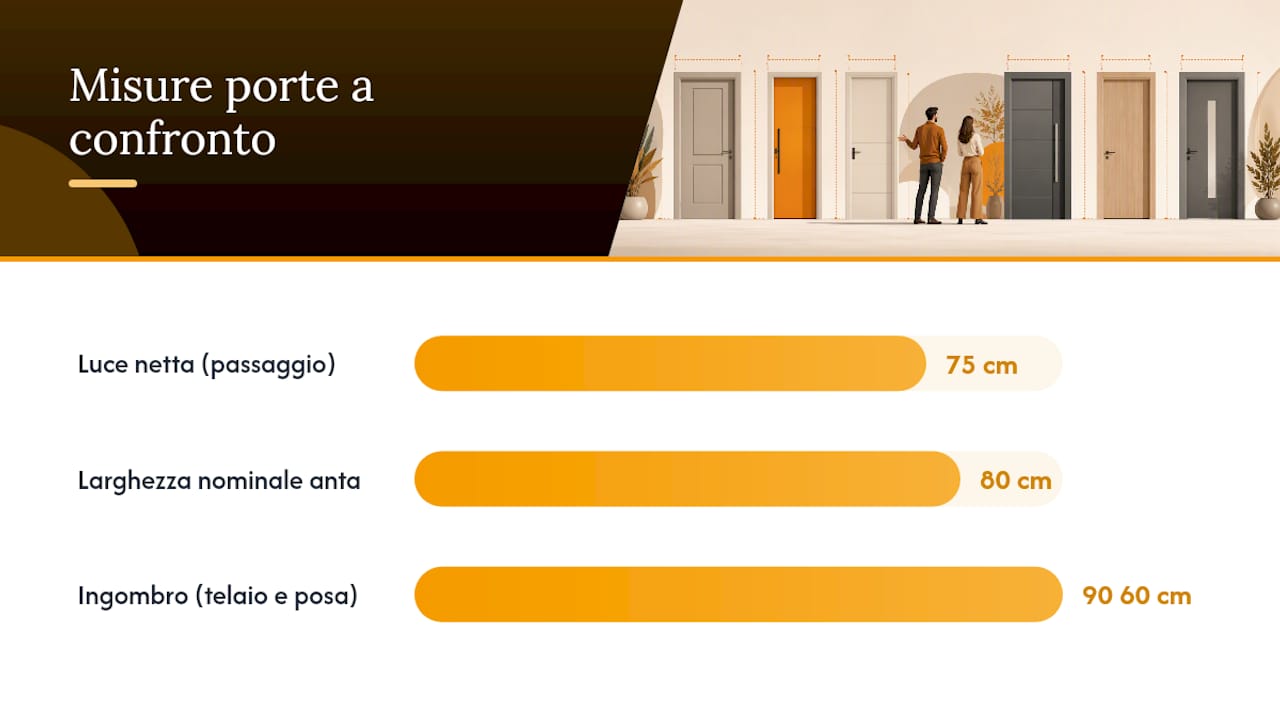 Schema che mette a confronto la larghezza effettiva del passaggio delle porte con quella nominale