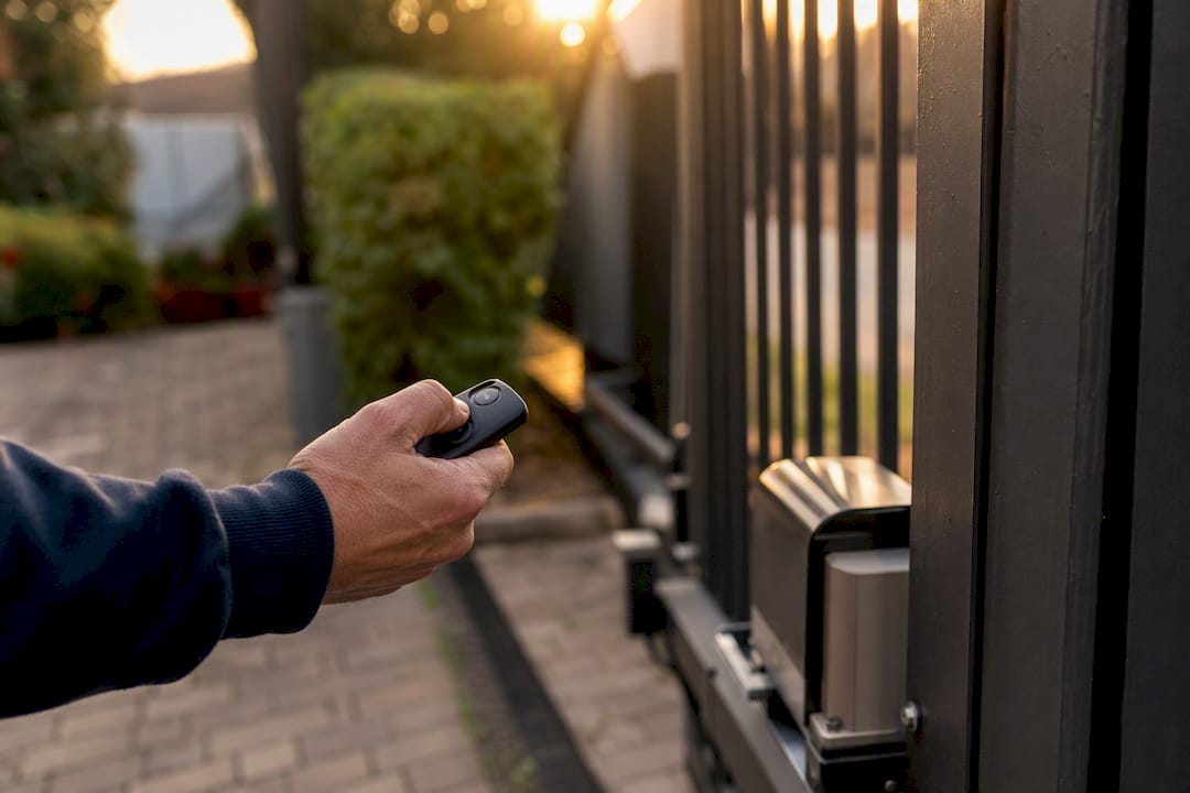 Mani che provano il telecomando vicino al meccanismo del cancello