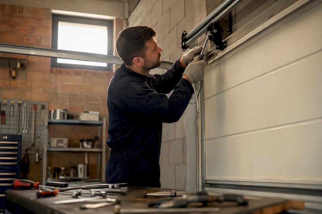 Tecnico che regola le molle di tensione della porta del garage