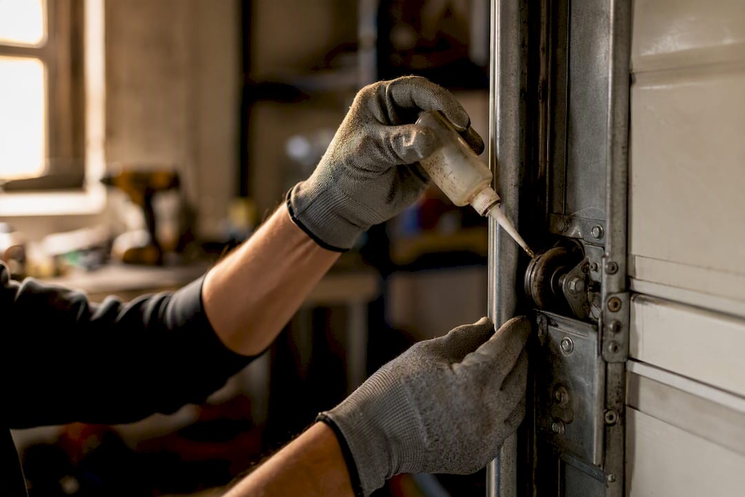 Mani che applicano il lubrificante ai rulli della porta del garage