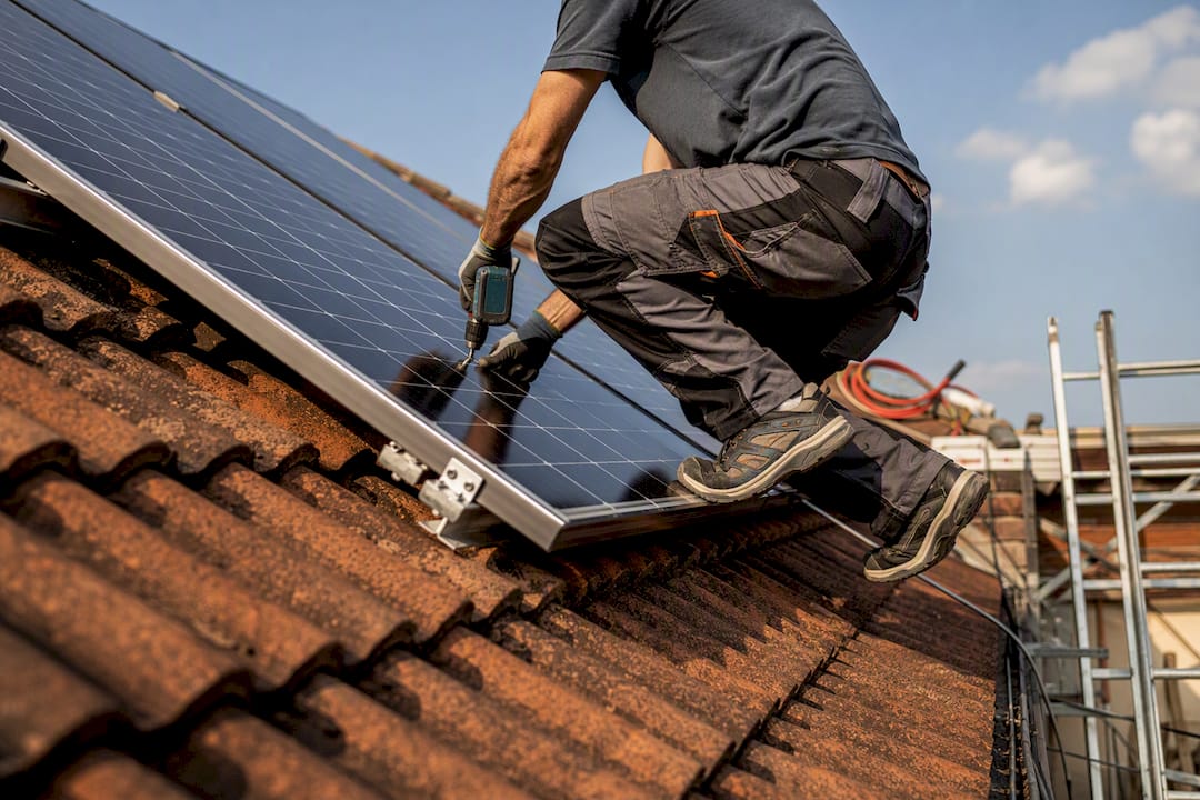 Un tecnico è al lavoro sul tetto, impegnato nell’installazione di pannelli fotovoltaici per rendere la casa più sostenibile.