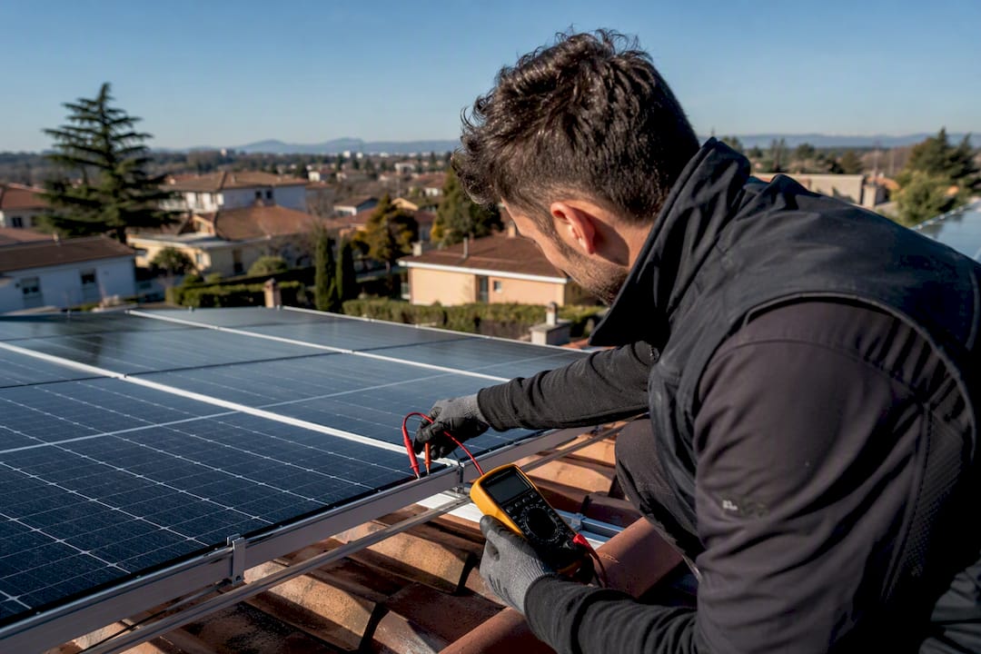 Tecnico che misura la resa di un pannello solare sul tetto
