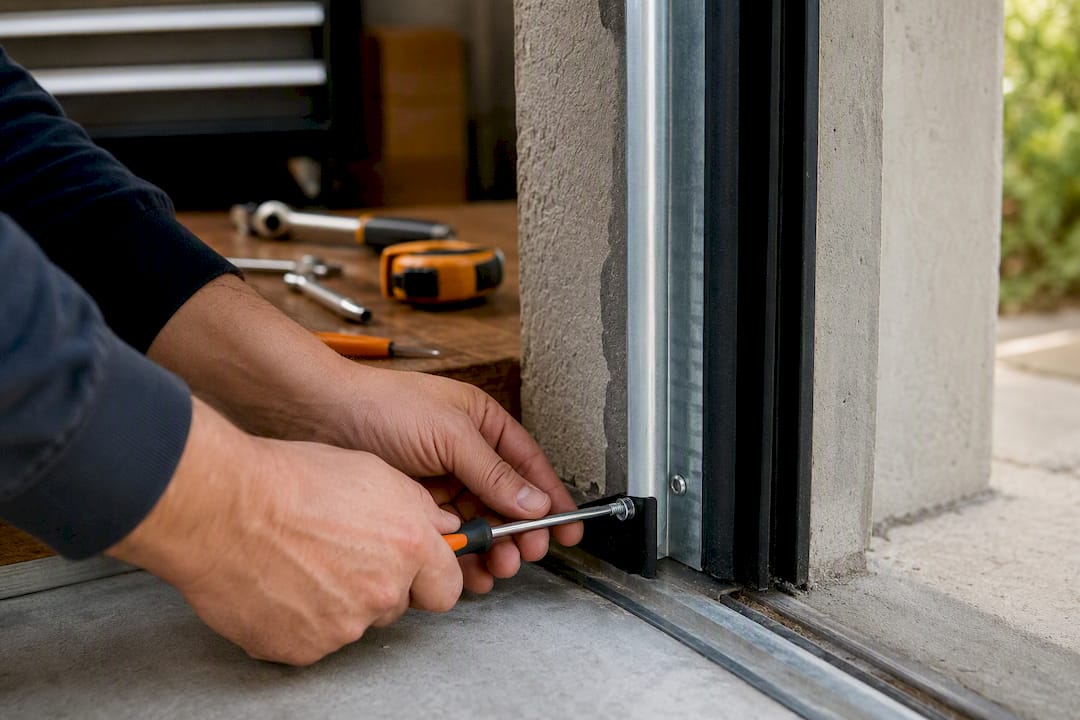 Mani che regolano le viti sulla guarnizione della porta del garage