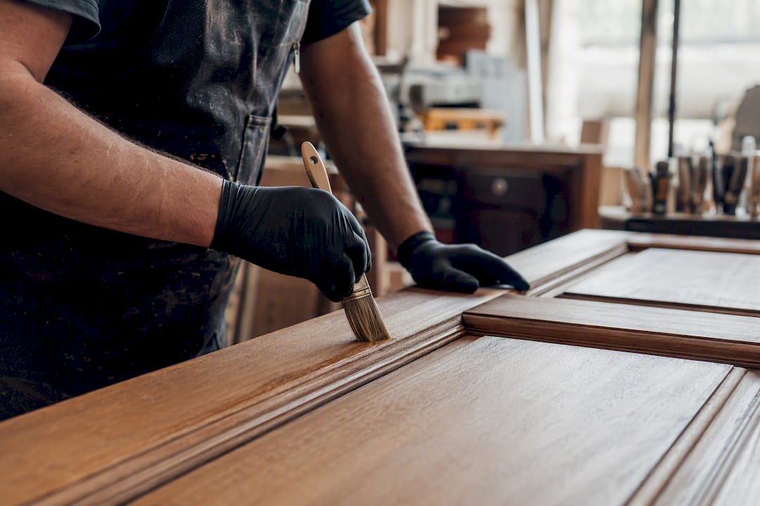 Mani che rifiniscono una porta in legno artigianale