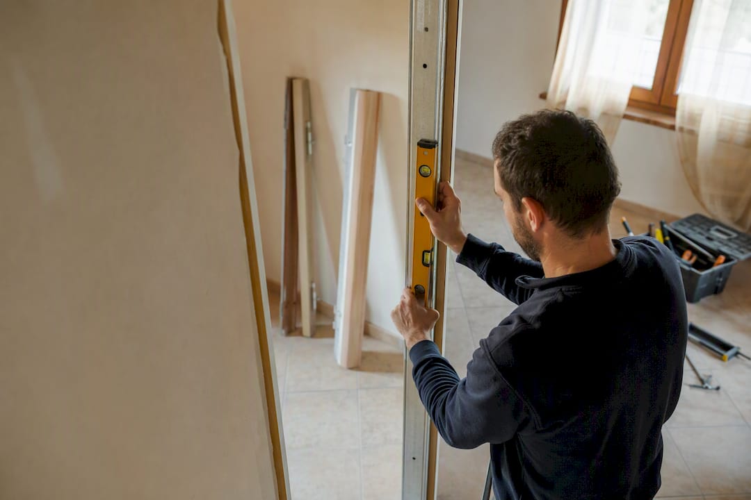 Tecnico che installa il controtelaio per porta interna