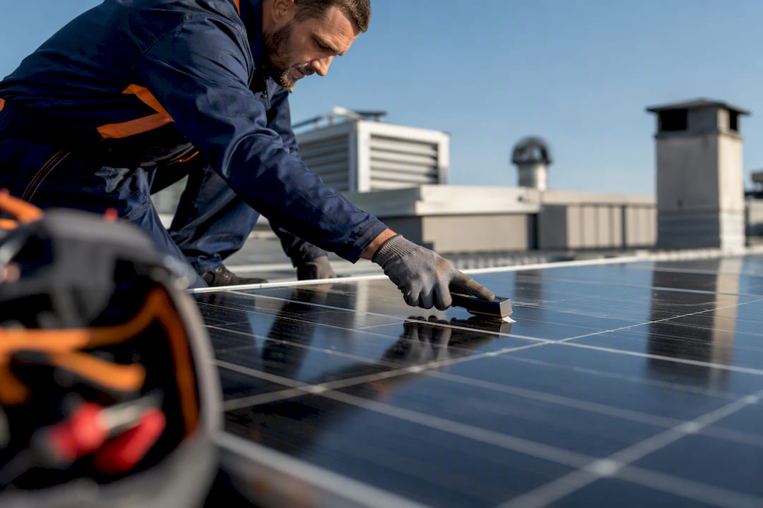 Tecnico che pulisce un pannello fotovoltaico sul tetto
