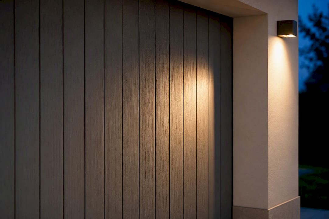 Luce radente sulle doghe verticali del portone