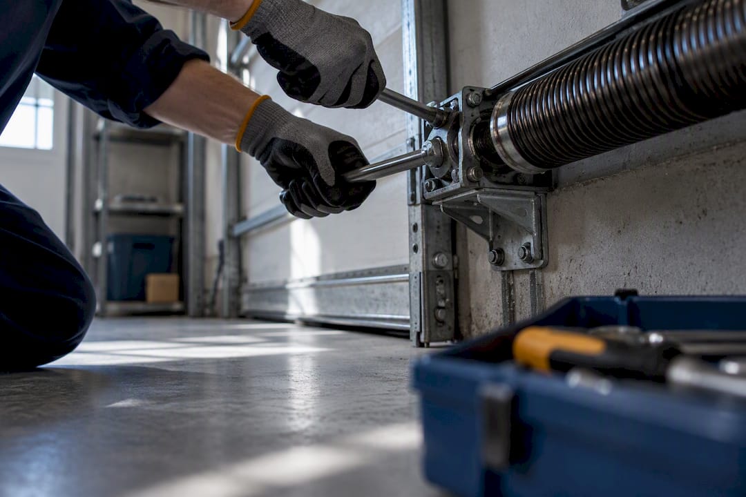Il tecnico mette in sicurezza le molle del portone