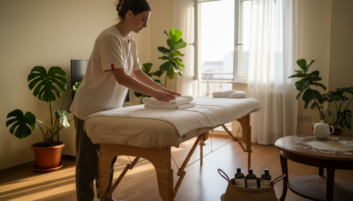 O femeie își aranjează colțișorul din casă pentru o ședință de masaj relaxant.